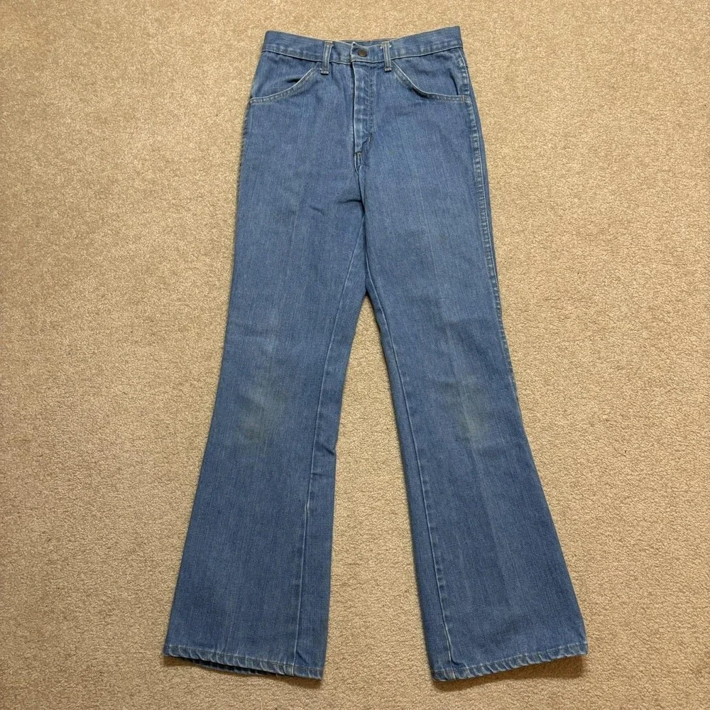 Vtg 70s Bell Bottom Jeans‎ Womens 26x28.5 Blue High Rise Flare Leg Denim Scovill